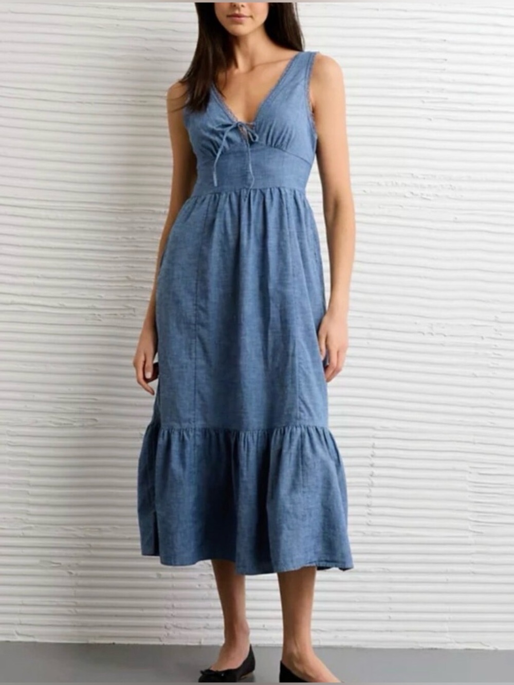 Western Midi Tie-Front Chambray Dress- American Eagle- Large